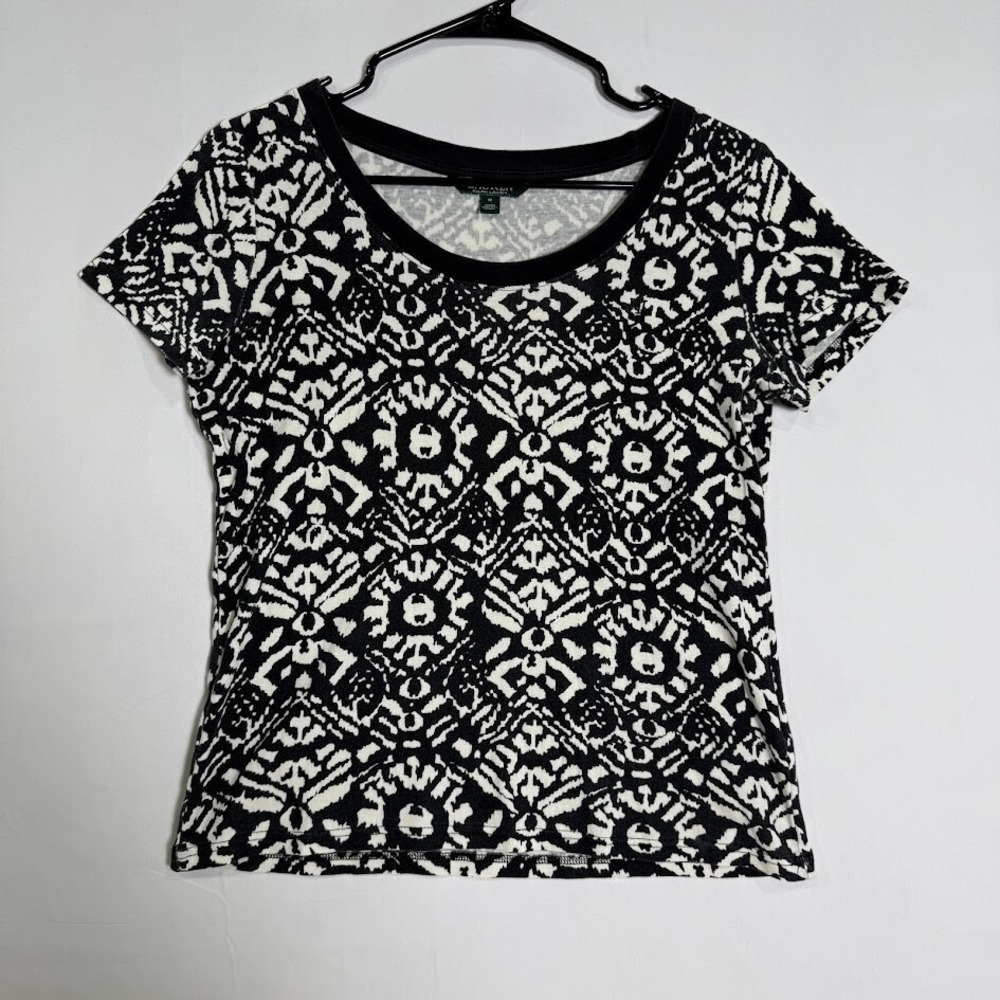 Lauren Ralph Lauren Womens Medium Black White Geometric Ikat Scoop Neck Tee Top